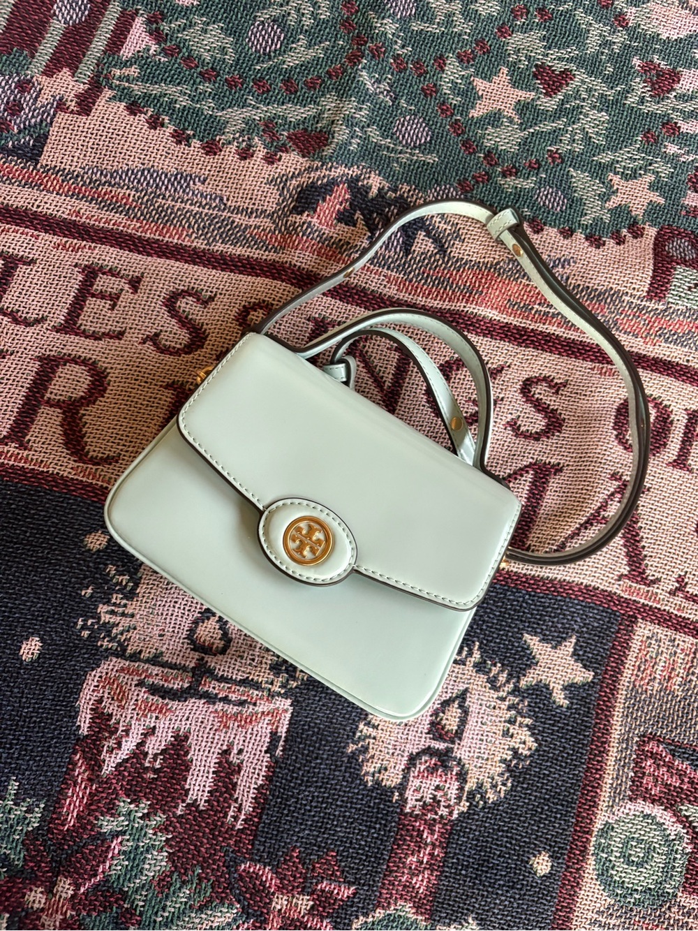 Tory Burch Light Blue Leather Top-Handle Crossbody with Gold Emblem
